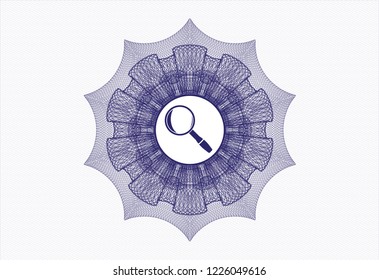 Blue rosette. Linear Illustration with magnifying glass icon inside