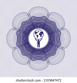 Blue rosette. Linear Illustration with man lifting world icon inside