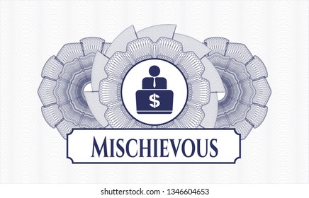 Blue rosette. Linear Illustration. with man working on computer icon and Mischievous text inside