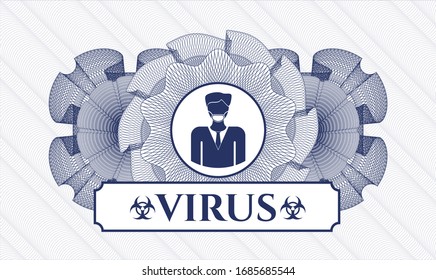 Blue rosette. Linear Illustration. with man wearing face mask icon and Virus text inside