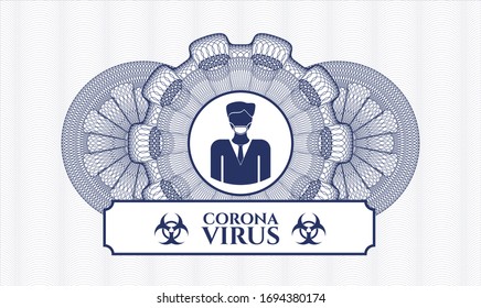 Blue rosette. Linear Illustration. with man wearing face mask icon and Coronavirus text inside