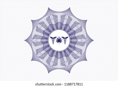 Blue rosette. Linear Illustration with medicinal weed icon inside