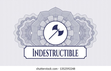 Blue rosette. Linear Illustration. with medieval axe icon and Indestructible text inside