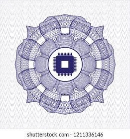 Blue rosette. Linear Illustration with microchip, microprocessor icon inside