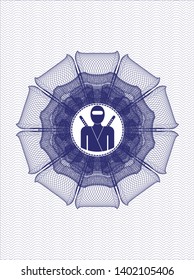 Blue rosette. Linear Illustration with ninja icon inside