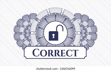 Blue rosette. Linear Illustration. with open lock icon and Correct text inside