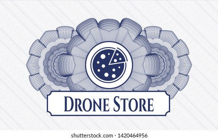 Blue rosette. Linear Illustration. with pizza icon and Drone Store text inside