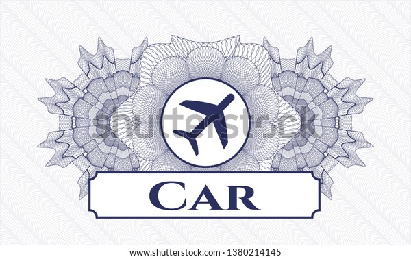 Blue rosette. Linear Illustration. with plane icon\
and Car  text inside