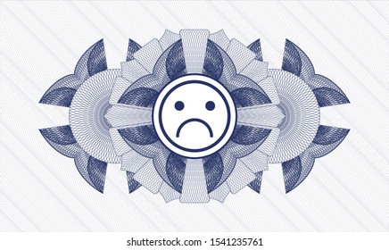 Blue rosette. Linear Illustration. with sad face icon inside