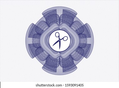 Blue rosette. Linear Illustration with scissors icon inside