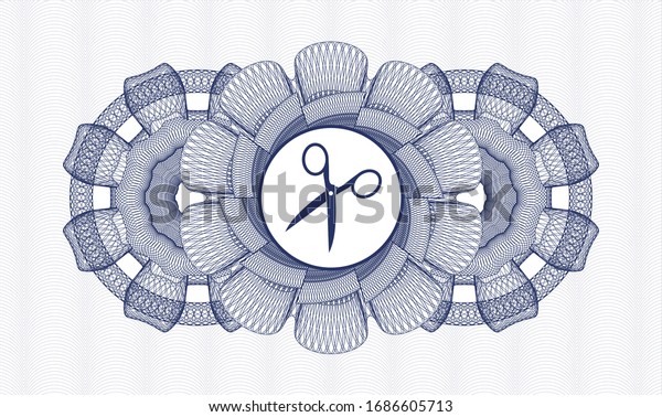 Blue rosette. Linear Illustration. with scissors\
icon inside