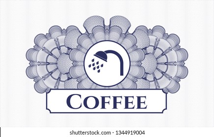 Blue rosette. Linear Illustration. with shower icon and Coffee text inside