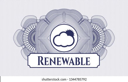 Blue rosette. Linear Illustration. with sun behind cloud icon and Renewable text inside