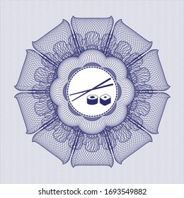 Blaue Rosette. Lineare Illustration mit Sushi-Symbol innen