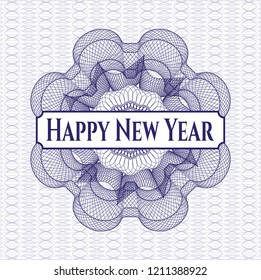 Blue rosette. Linear Illustration with text Happy New Year inside