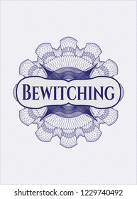 Blue rosette. Linear Illustration with text Bewitching inside