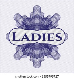 Blue rosette. Linear Illustration with text Ladies inside