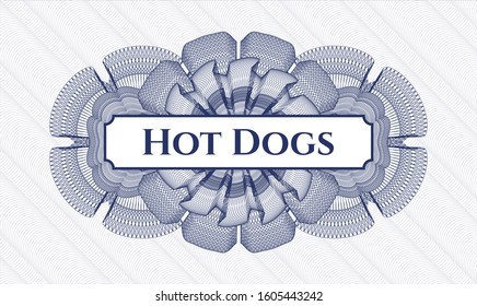 Blue rosette. Linear Illustration. with text Hot Dogs inside