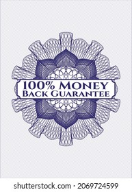 Blaue Rosette. Lineare Illustration mit Text, 100 % Geldrückgarantie innerhalb