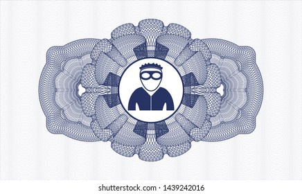 Blue rosette. Linear Illustration. with thief icon inside