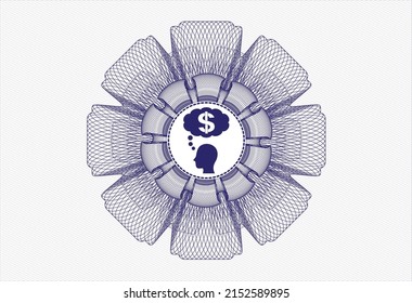 Blue rosette. Linear Illustration. with thinking in money icon inside