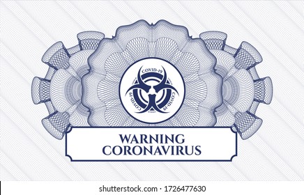 Blue rosette. Linear Illustration. Vector. Detailed with biohazard covid-19 icon and Warning Coronavirus text inside