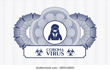 Blue rosette. Linear Illustration. Vector. Detailed with woman wearing face mask icon and Coronavirus text inside