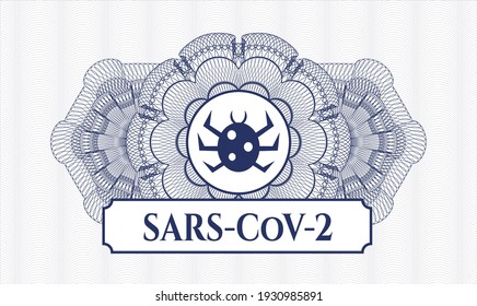 Blue rosette. Linear Illustration. Vector. Detailed with bug icon and SARS-CoV-2 text inside