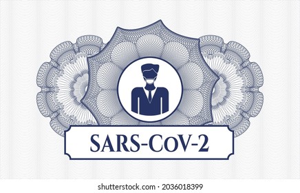 Blue rosette. Linear Illustration. Vector. Detailed with man wearing face mask icon and SARS-CoV-2 text inside