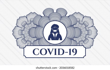 Blue rosette. Linear Illustration. Vector. Detailed with woman wearing face mask icon and COVID-19 text inside