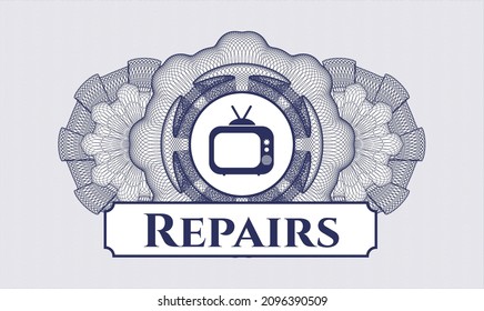 Blue rosette. Linear Illustration. Vector. Detailed with old tv, television icon and Repairs text inside