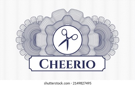 Blue rosette. Linear Illustration. Vector. Detailed with scissors icon and Cheerio text inside svg