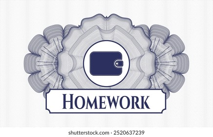 Blue rosette. Linear Illustration. Vector. Detailed with wallet icon and Homework text inside