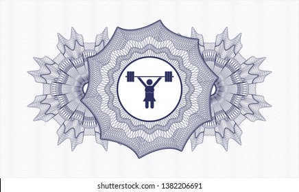 Blue rosette. Linear Illustration. with weightlifter girl icon inside
