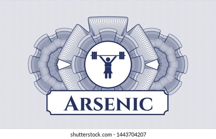 Blue rosette. Linear Illustration. with weightlifter girl icon and Arsenic text inside