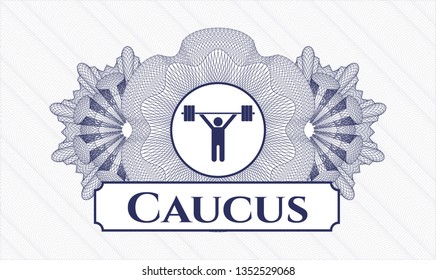Blue rosette. Linear Illustration. with weightlifting icon and Caucus text inside