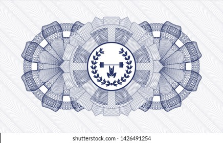 Blue rosette. Linear Illustration. with weightlifting inside of crown icon inside