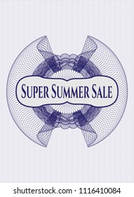 Blue rosette (money style emblem) with text Super Summer Sale inside