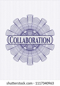 Blue rosette or money style emblem with text Collaboration inside