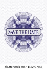 Blue rosette or money style emblem with text Save the Date inside