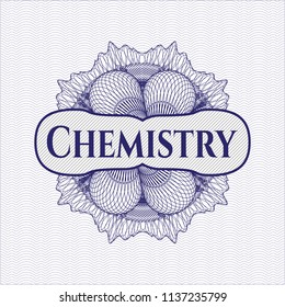 Blue rosette (money style emblem) with text Chemistry inside