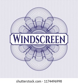 Blue rosette or money style emblem with text Windscreen inside