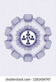 Blue rosette (money style emblem) with business teamwork and money icon inside