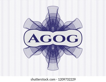 Blue rosette (money style emblem) with text Agog inside