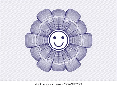 Blue rosette or money style emblem with happy face icon inside