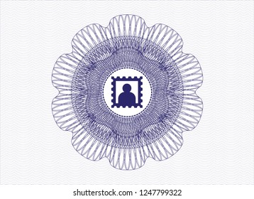 Blue rosette or money style emblem with picture icon inside