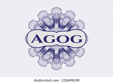 Blue rosette or money style emblem with text Agog inside