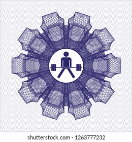 Blue rosette (money style emblem) with sumo deadlift icon inside