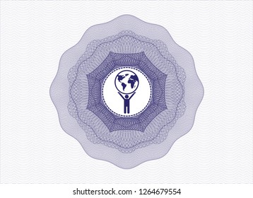 Blue rosette or money style emblem with man lifting world icon inside