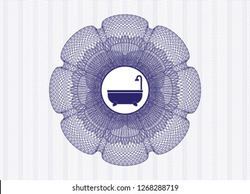 Blue rosette or money style emblem with bathtub icon inside